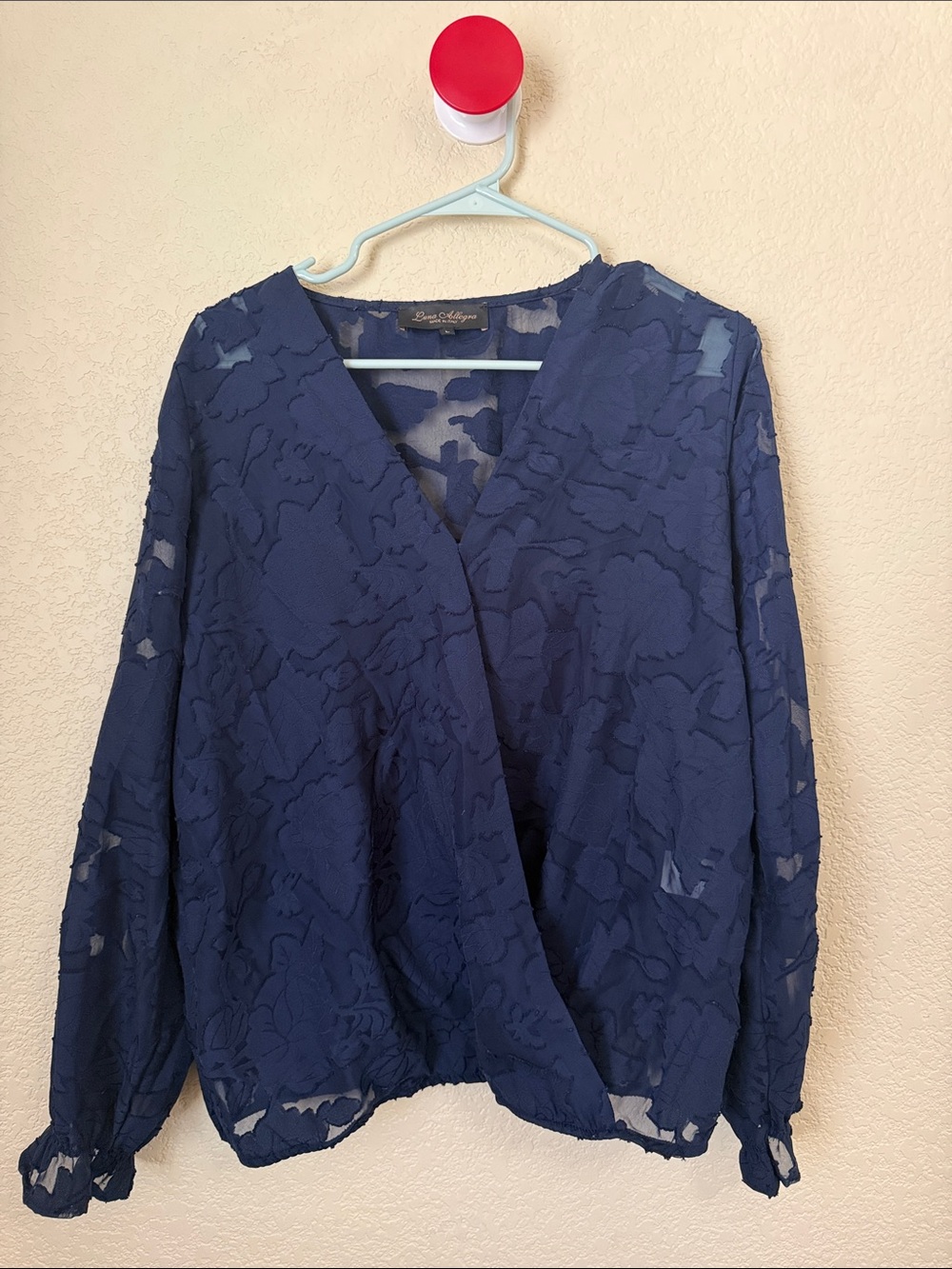 Lace-Overlay Wrap Blouse - Navy